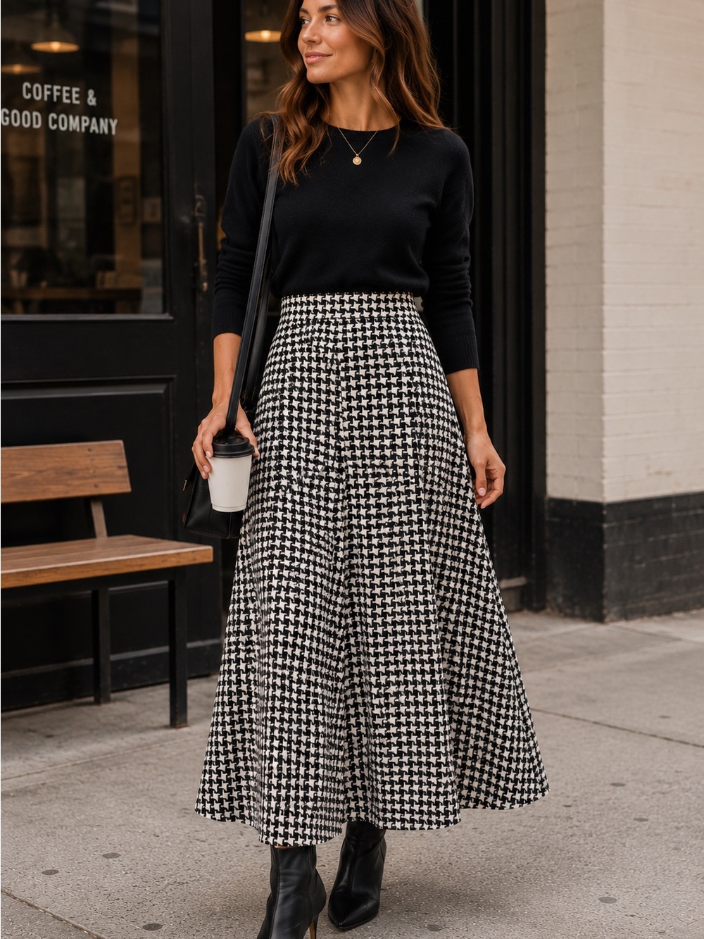 Vintage 70s Wool Houndstooth Maxi Skirt Old Money Academia Chic M
